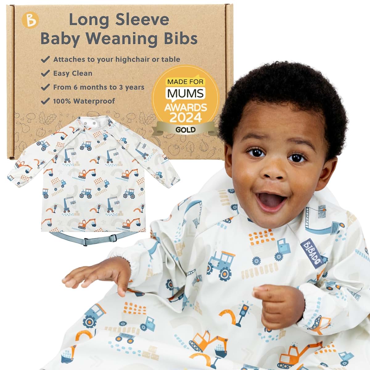 Bibado Attachable Long Sleeve Bib for Babies and Toddlers, Waterproof, Fits 6–36 Months
