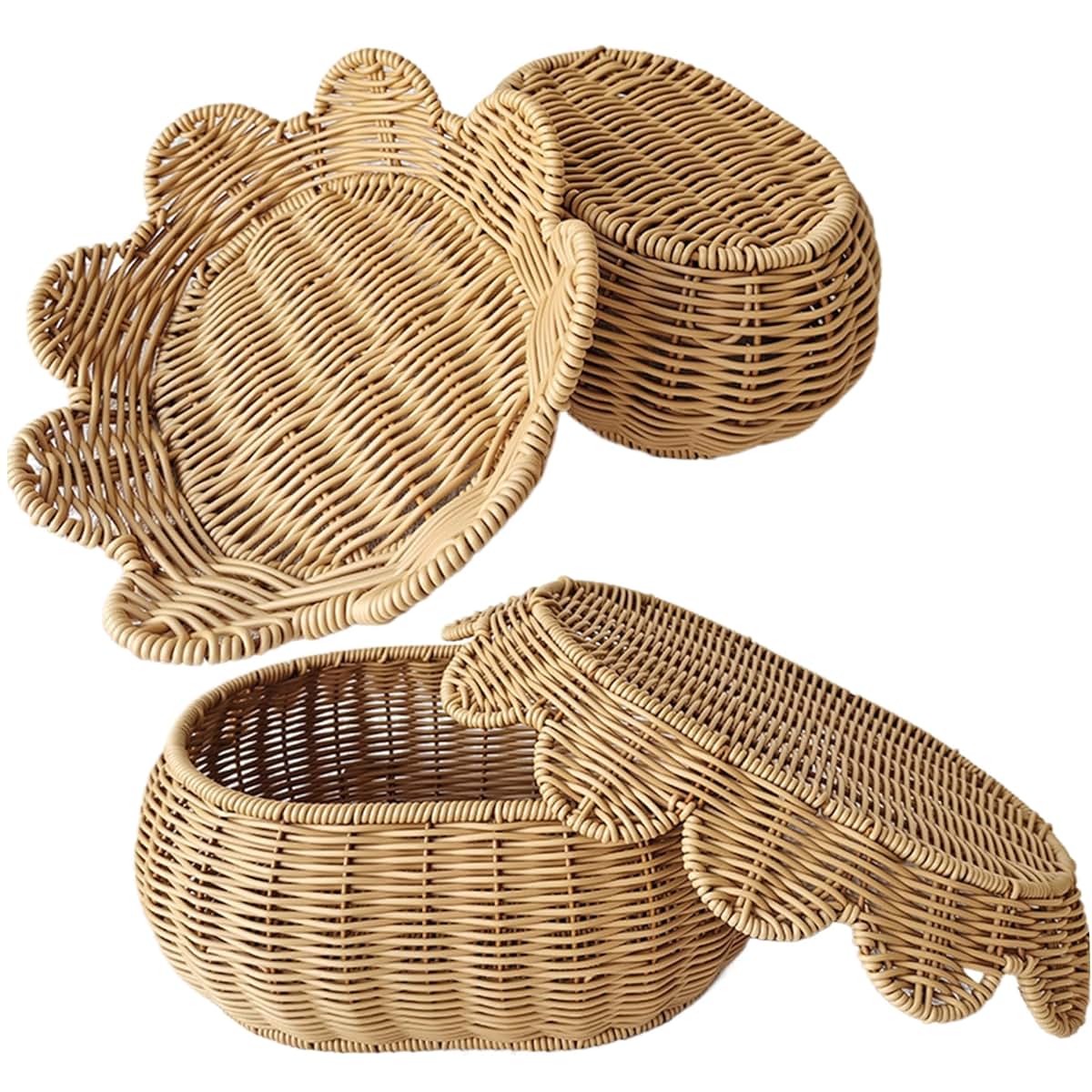 Wicker Basket with Lid, 2-Piece Handwoven Scalloped Rattan Fruit and Candy Storage