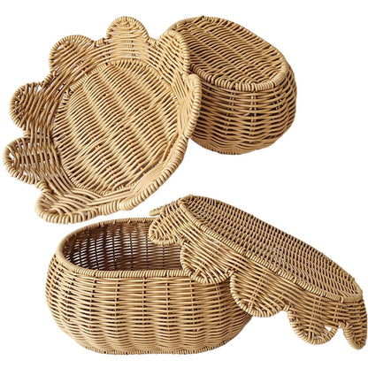 Wicker Basket with Lid, 2-Piece Handwoven Scalloped Rattan Fruit and Candy Storage