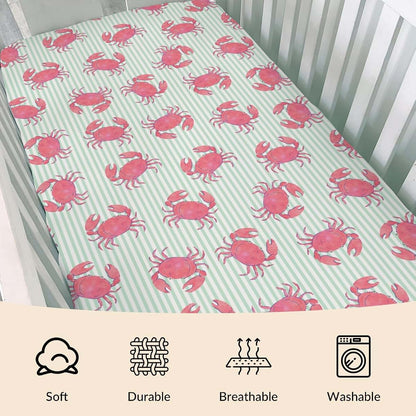 BabyOneStop Watercolor Crab Striped Crib Sheet, Pink Coastal Ocean Design, Fits Standard Crib Mattress 28x52