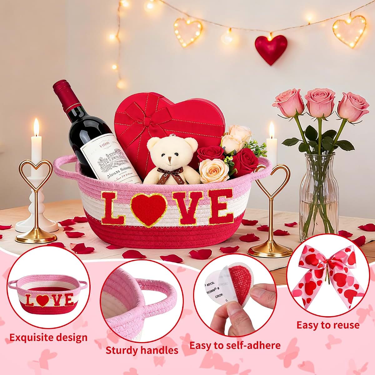 Zenoble Valentine's Day Woven Gift Basket Set, 12x8x5.5 Inches