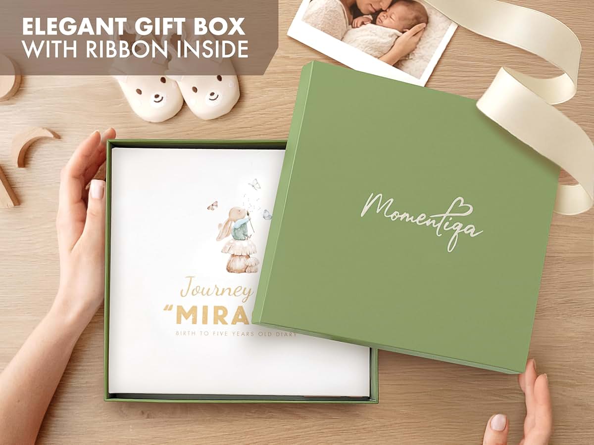 Momentiqa Baby Memory Book with Keepsake Box and Ink Pad, First 5 Years