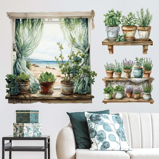 DTLIFEK 3D Potted Plant Fake Windows Wall Decals