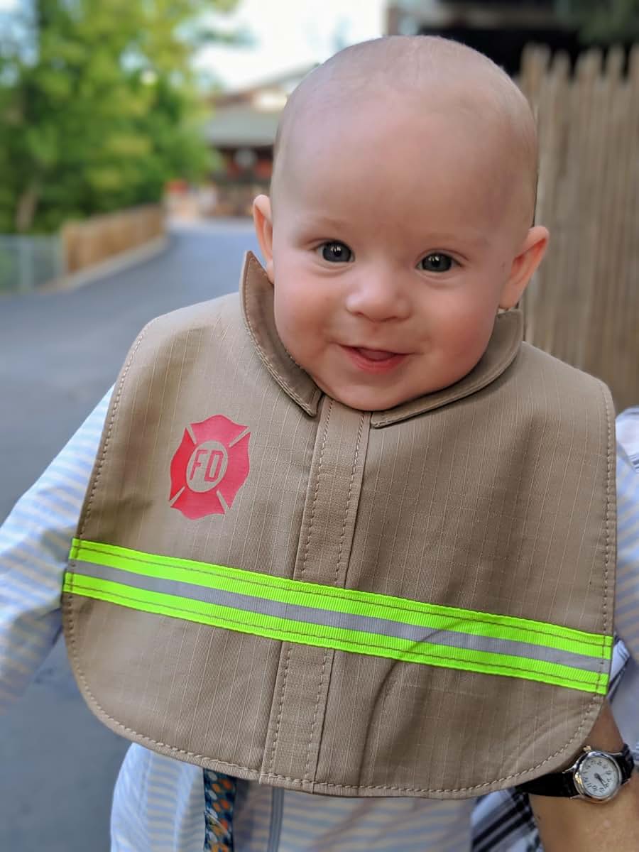 Fully Involved Stitching Firefighter Personalized Black Baby Burp Rag and Bib Set (photo 2)