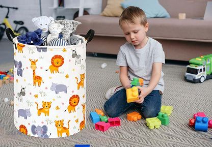 HUAYEE Round Lion and Tiger Pattern Laundry Hamper with Handles, Fabric Storage Bin