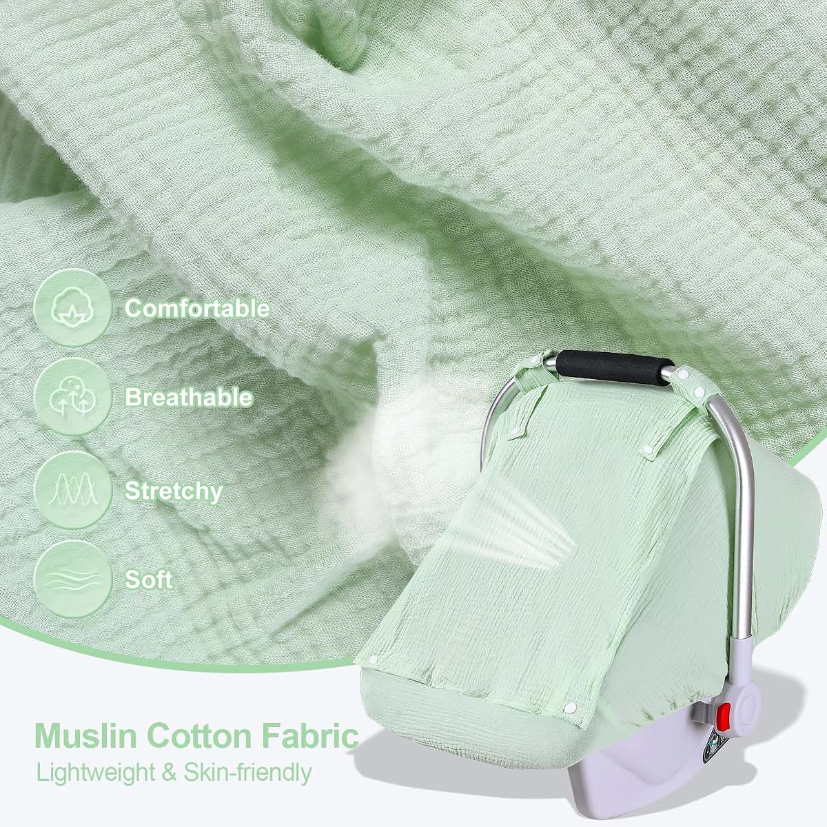 Nircho Muslin Baby Car Seat Cover with Mesh Peep Window, Pea Green