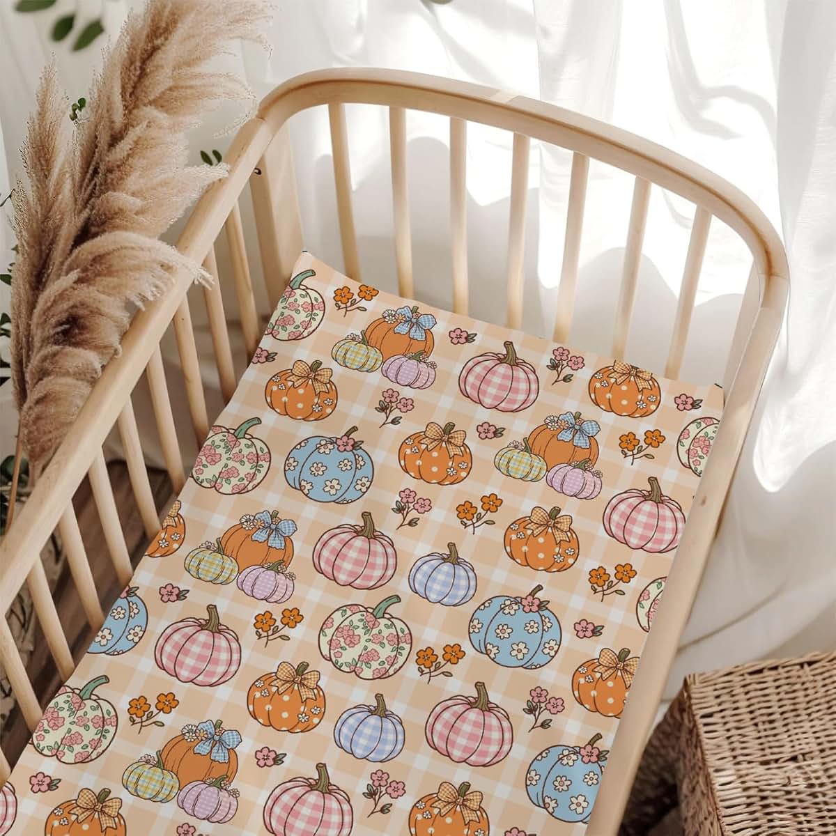 Wicbfdfv Autumn Pumpkins And Flowers Fitted Crib Sheet