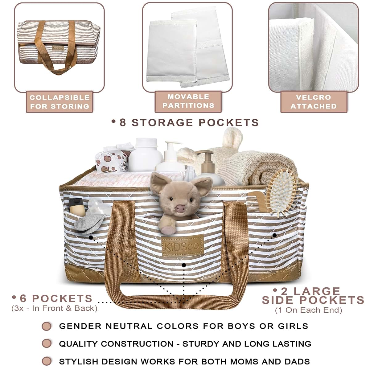 KIDSco. Baby Diaper Caddy Portable Storage Organizer with Compartments for Nursery and Travel
