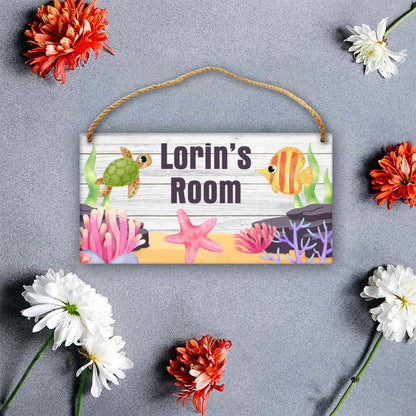 Cusdecor Personalized Underwater World Sea Turtle Kids Room Door Sign