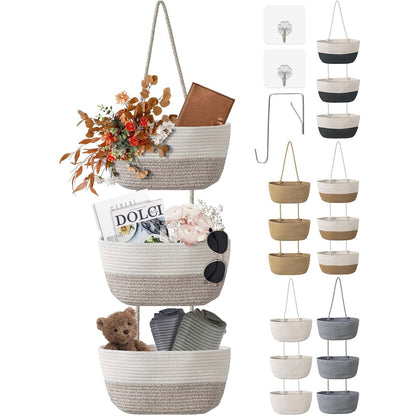 Wymulot 3 Tier Wall Mounted Woven Hanging Basket in White & Camel