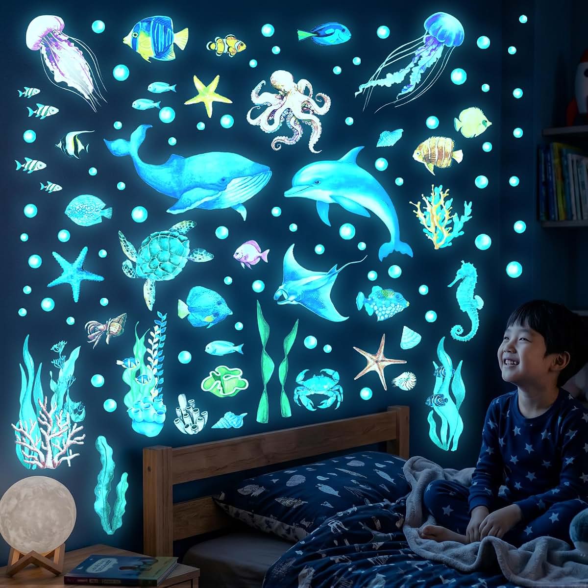 DECOWALL Glow In The Dark Ocean Animals Wall Stickers, 4 Vinyl Sheets, Peel And Stick Underwater Scene For Kids Rooms