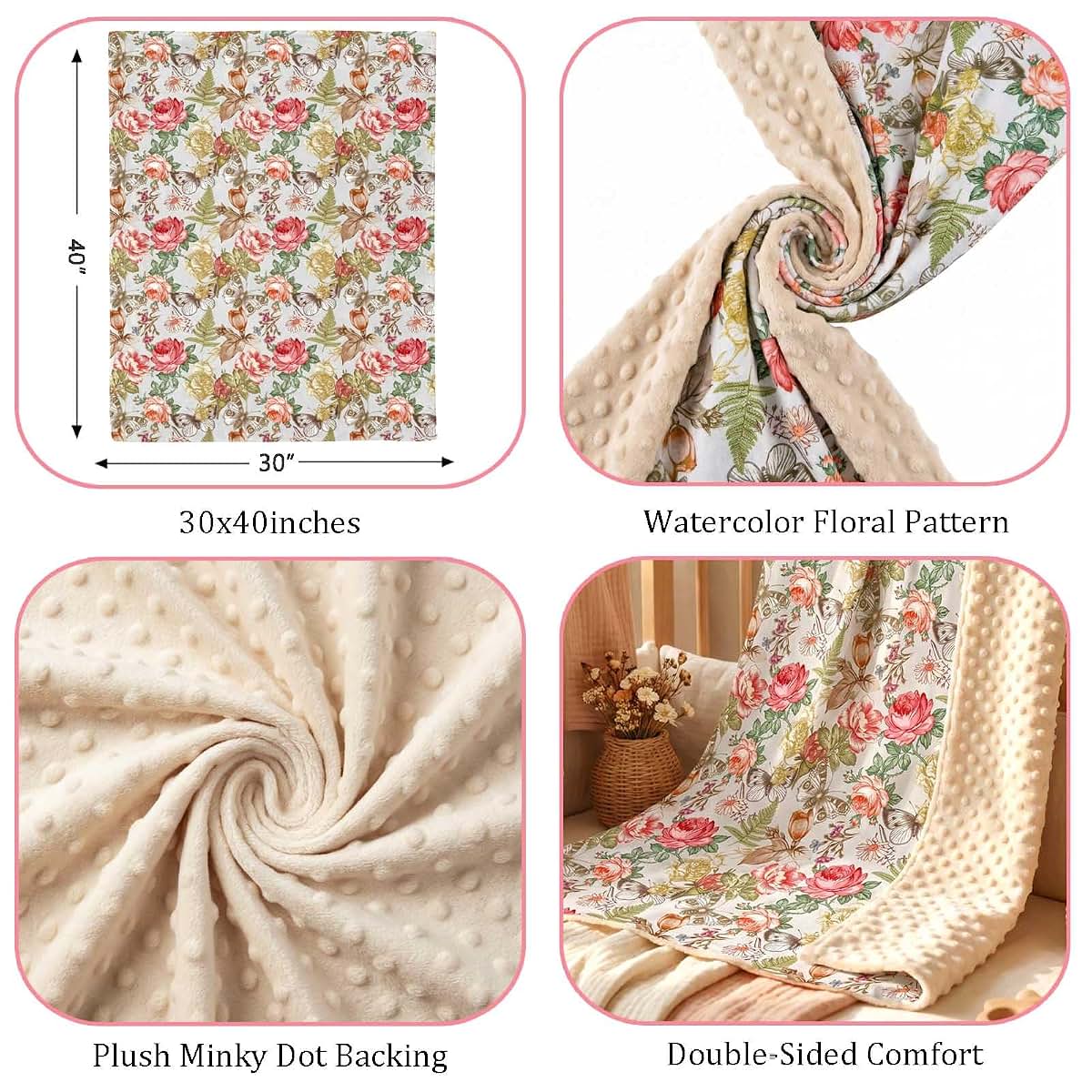 BabyOneStop 30 x 40 Inches Floral Plush Minky Blanket with Double Layer Dotted Backing