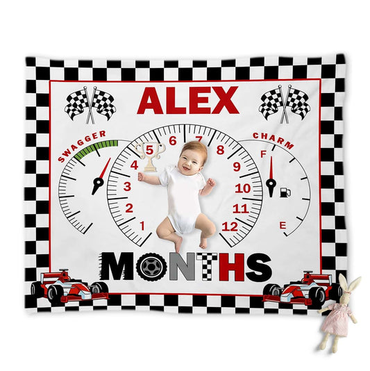 Bristow Race Car Baby Blanket Personalized, Speedometer Nursery Decor, Baby Gifts for Boys, Photo Backdrop, New Mom