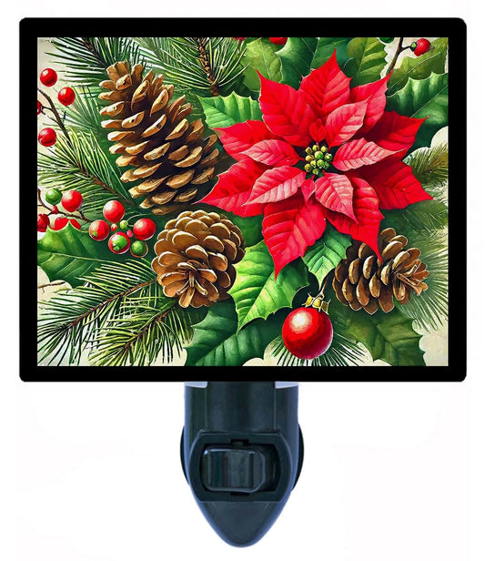 Night Light Designs LED Night Light, Pines and Poinsettia – Christmas Design, Fully Enclosed, Rotating Plug, Glass Front