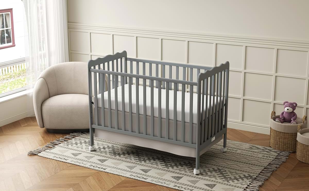Goldzone 4-in-1 Convertible Wood Baby Crib with Locking Wheels, 3 Heights, New Zealand Pine