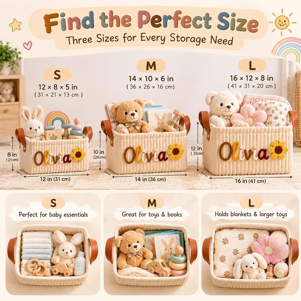 KALOTOYS Personalized Baby Basket with Name, Custom Knitted Name Corduroy Nursery Storage Basket, Diaper Caddy (photo 2)