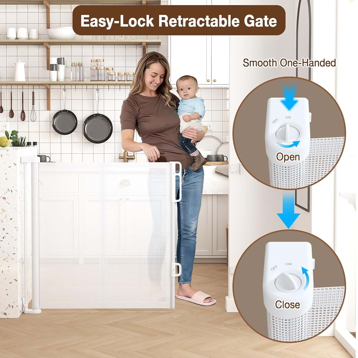 Retractable Baby Gate for Indoor and Outdoor, 120 Inch Extra Wide Mesh Safety Gate, 42 Inch Tall