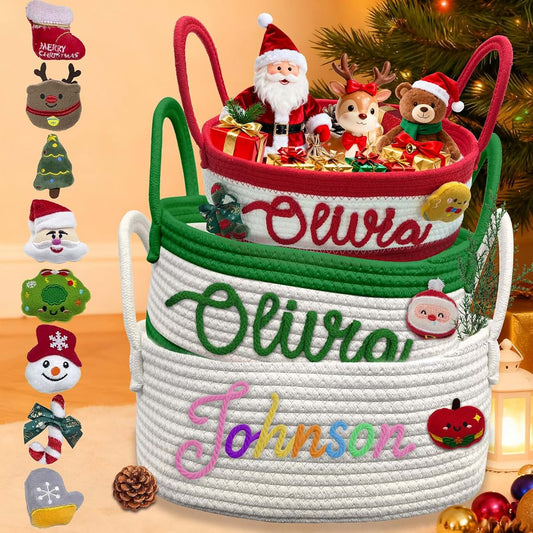 GIFTSDIY Personalized Christmas Gift Baskets with Name,Custom Baby Rope Cotton Basket for Organizing,Customized Storage