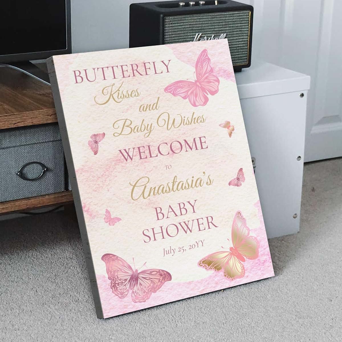 Kaysen Personalized Butterfly Kisses And Baby Wishes Welcome Sign For Baby Shower Party Decorations Butterfly Theme (photo 3)