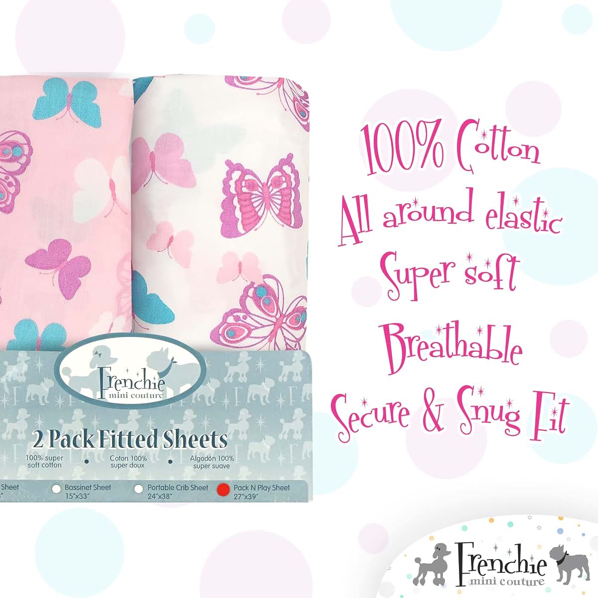 Frenchie Mini Couture, Fitted Pack n Play Sheets, 2 Pack, 100% Woven Cotton, Pack and Play Mattress Sheets, Fits Most