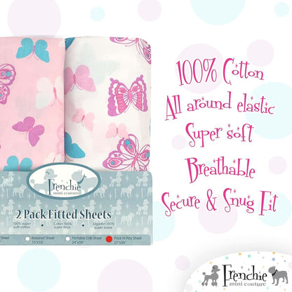 Frenchie Mini Couture, Fitted Pack n Play Sheets, 2 Pack, 100% Woven Cotton, Pack and Play Mattress Sheets, Fits Most