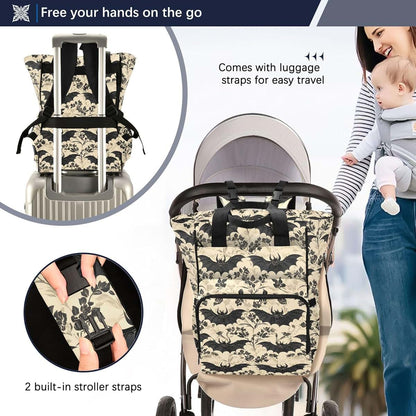 MNSRUU Bats and Flowers Vintage Diaper Bag Backpack, Large Capacity