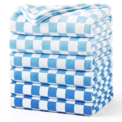 Fanfanwin 6 Pack Blue Checkered Microfiber Baby Blankets