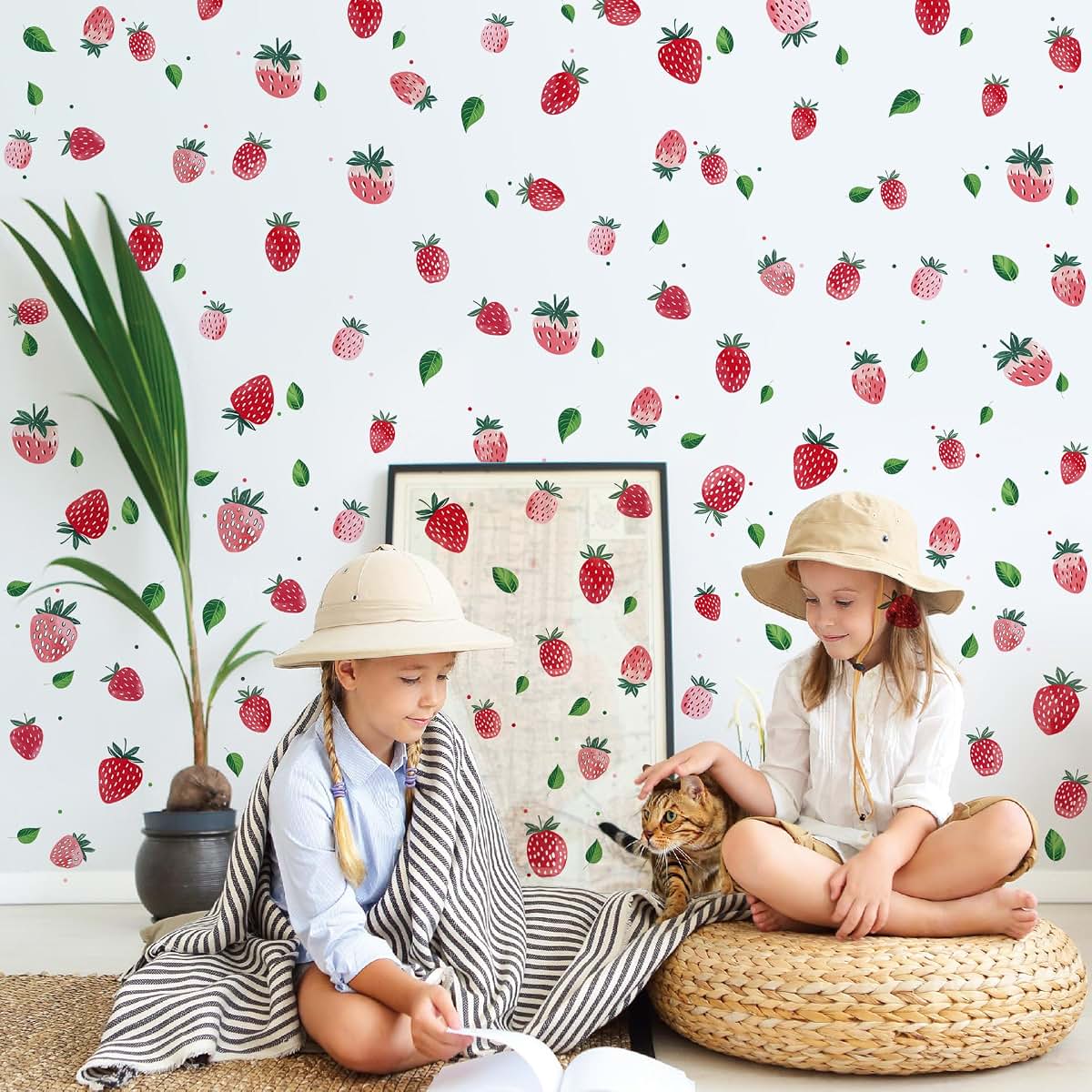 DTLIFEK 4 Sheets Removable Strawberry Wall Decals Red Strawberry with Green Leaves Wall Stickers Peel and Stick Boho