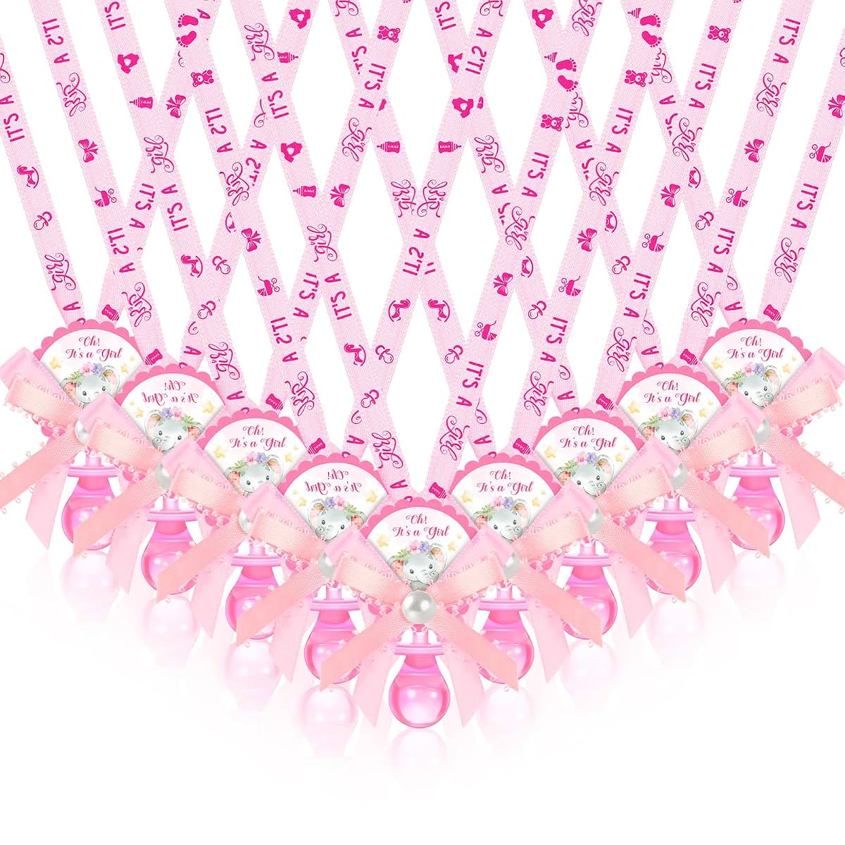 60 Pack Pink Elephant Acrylic Pacifier Charm Necklaces for Baby Shower Favors