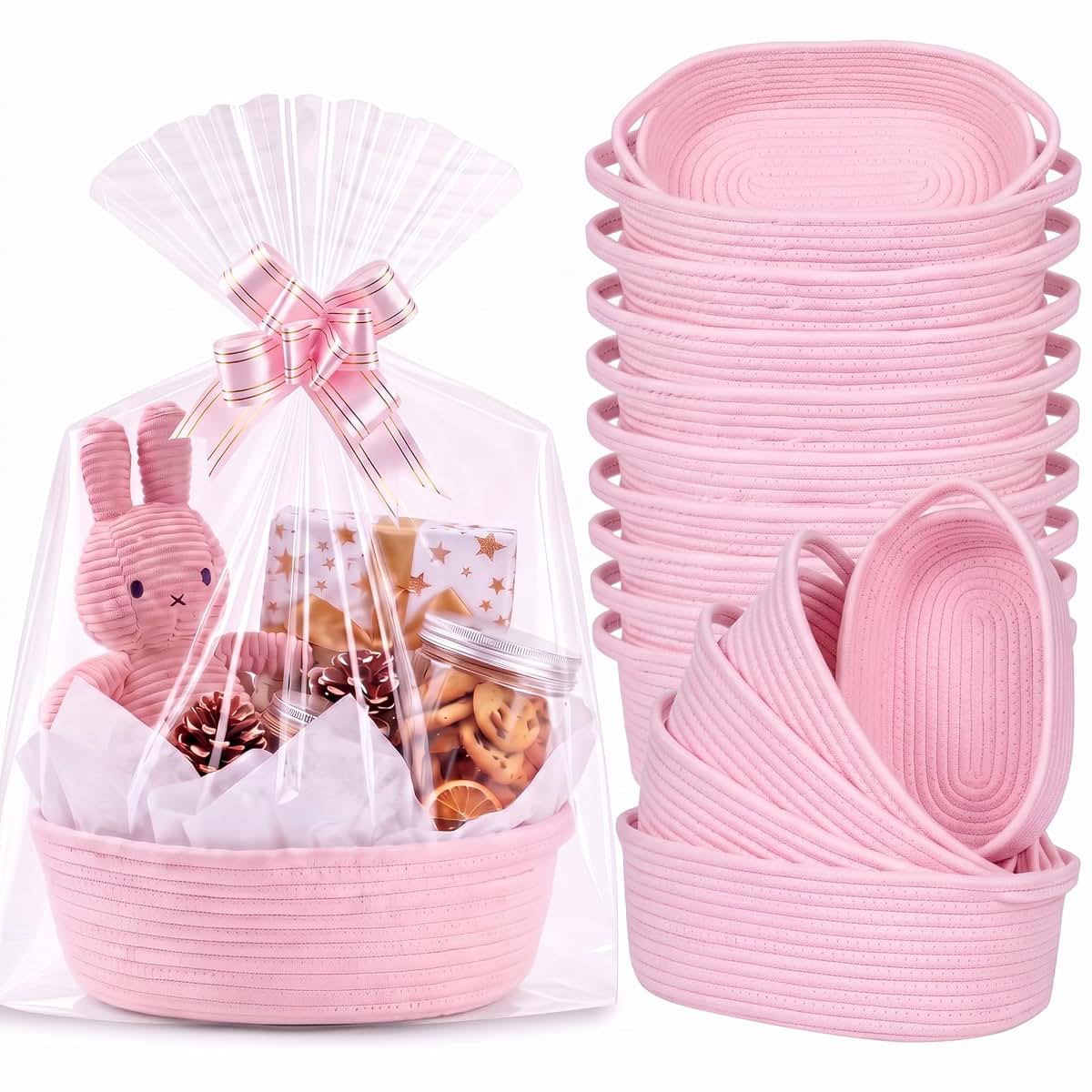 OBreezify 20 Sets Small Pink Woven Gift Basket with Handle, 12"x 8"x 5" Gift Baskets with Bags Pull Bows and Tissue