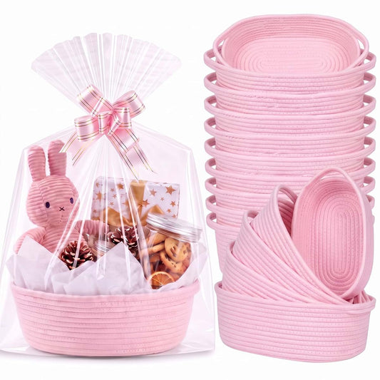 OBreezify 20 Sets Small Pink Woven Gift Basket with Handle, 12"x 8"x 5" Gift Baskets with Bags Pull Bows and Tissue