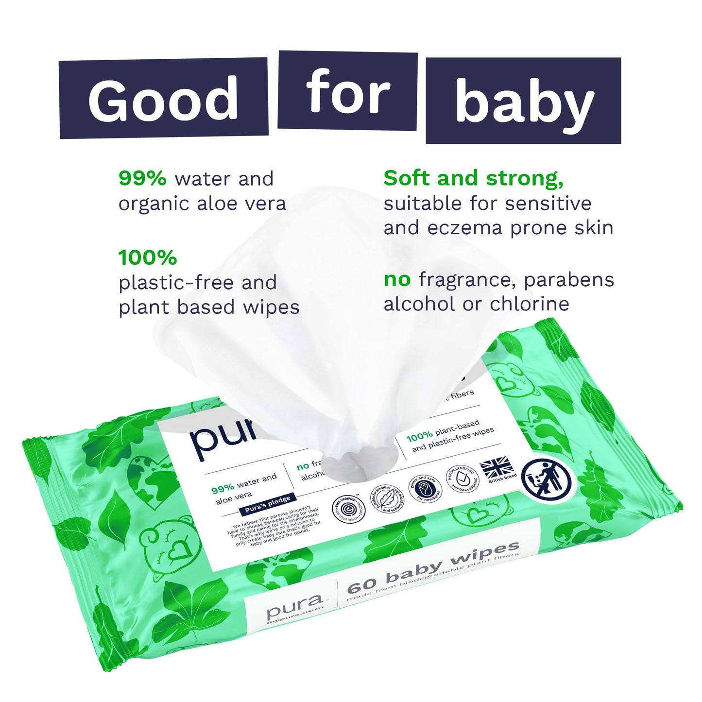 Pura Natural Baby Wipes 99% Water Unscented