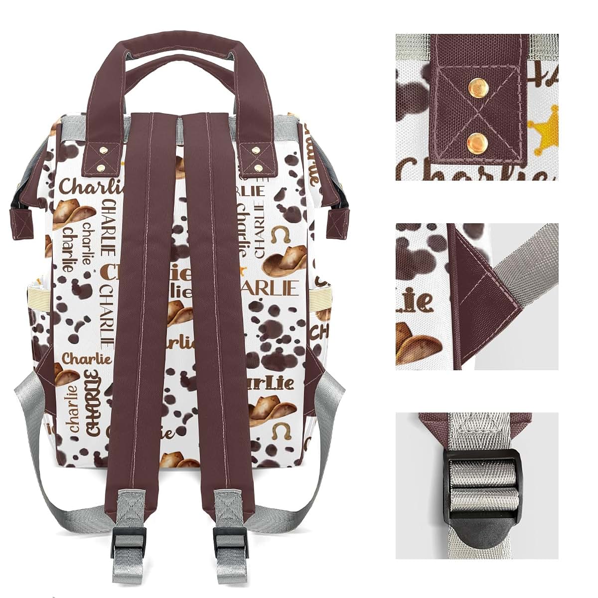 LiSoAkWE Rodeo Hat Print Cow Personalized Diaper Bag Backpack with Name,Customized Nappy Backpack for Baby Girls (photo 4)