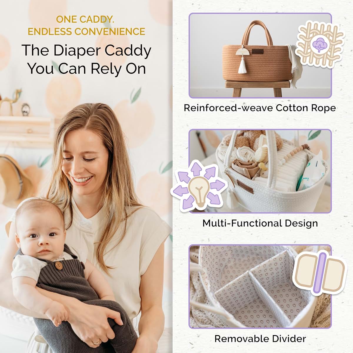 Yunioo Baby Diaper Caddy Organizer, Portable Nursery Storage Basket with Sturdy Handle Diaper Caddy Basket, Car Caddy