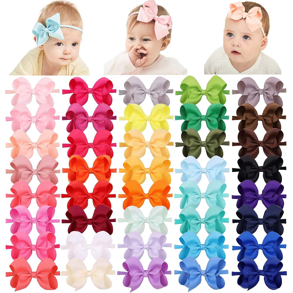 Jollybows 40pcs 4 Inches Baby Girls Grosgrain Ribbon Hair Bows Headbands