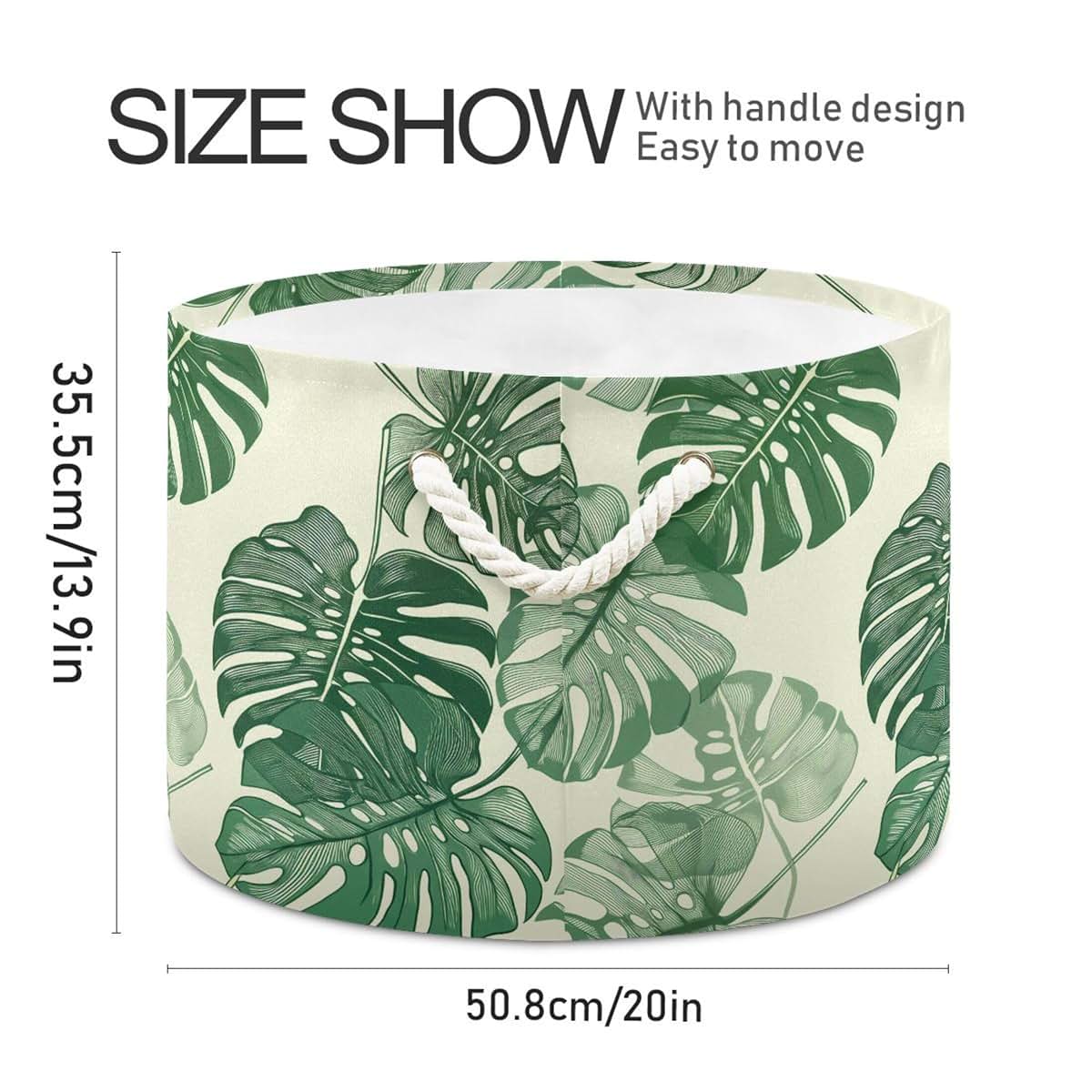 Burbuja Monstera Leaves Round Storage Basket With Cotton Rope Handles