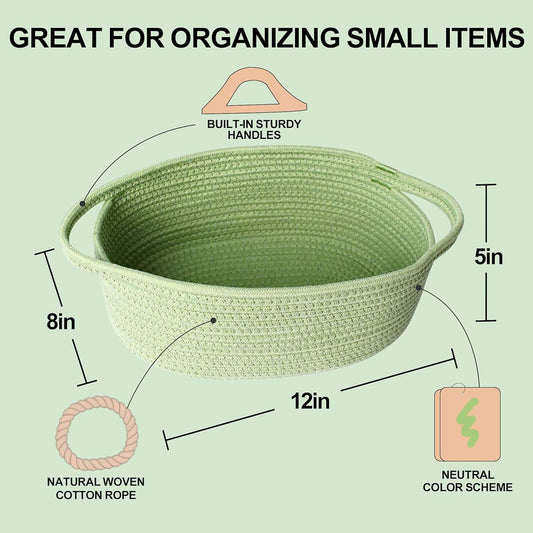 Honcesta Small Woven Gift Basket, Green Cotton Rope Storage Bin