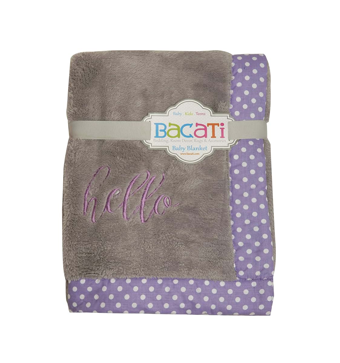 Bacati Love Girls Hello Embroidered Plush Blanket, Lilac/Grey