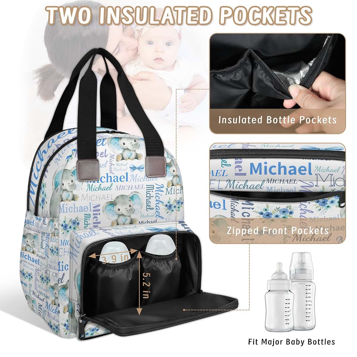 Litchora Personalized Diaper Bag Backpack with Stroller Straps (photo 4)