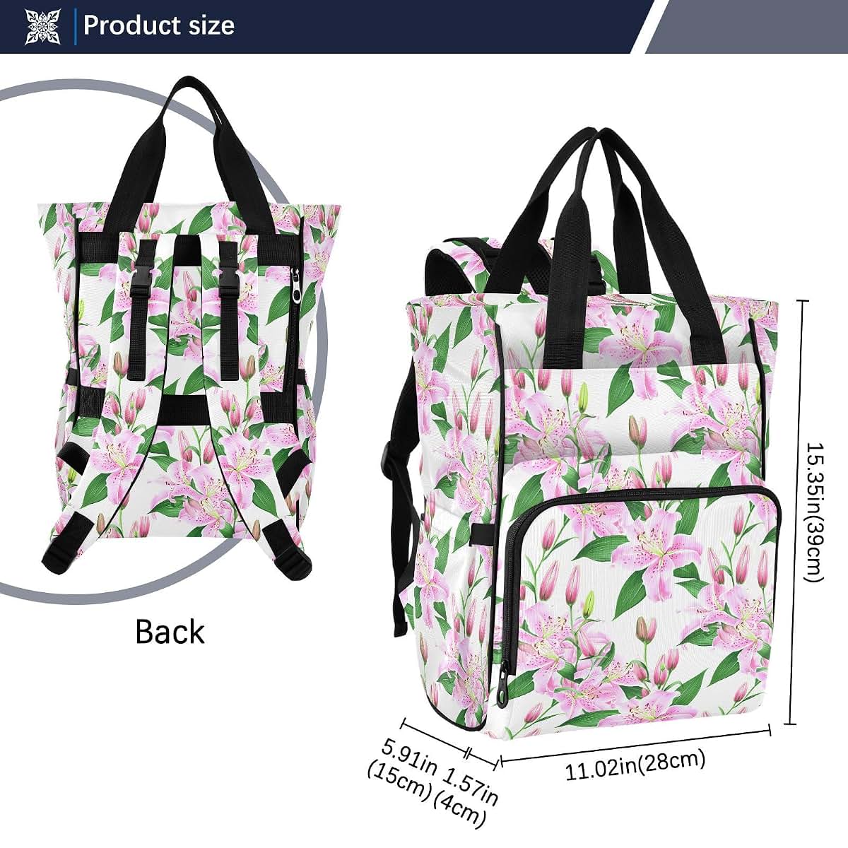 Kagirah Diaper Bag Backpack with Insulated Pockets and Stroller Straps, Blush Lily