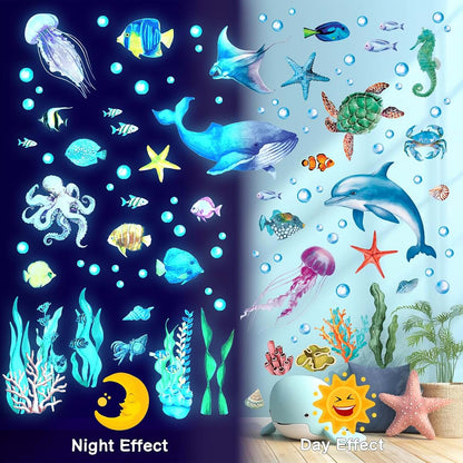 DECOWALL Glow In The Dark Ocean Animals Wall Stickers, 4 Vinyl Sheets, Peel And Stick Underwater Scene For Kids Rooms