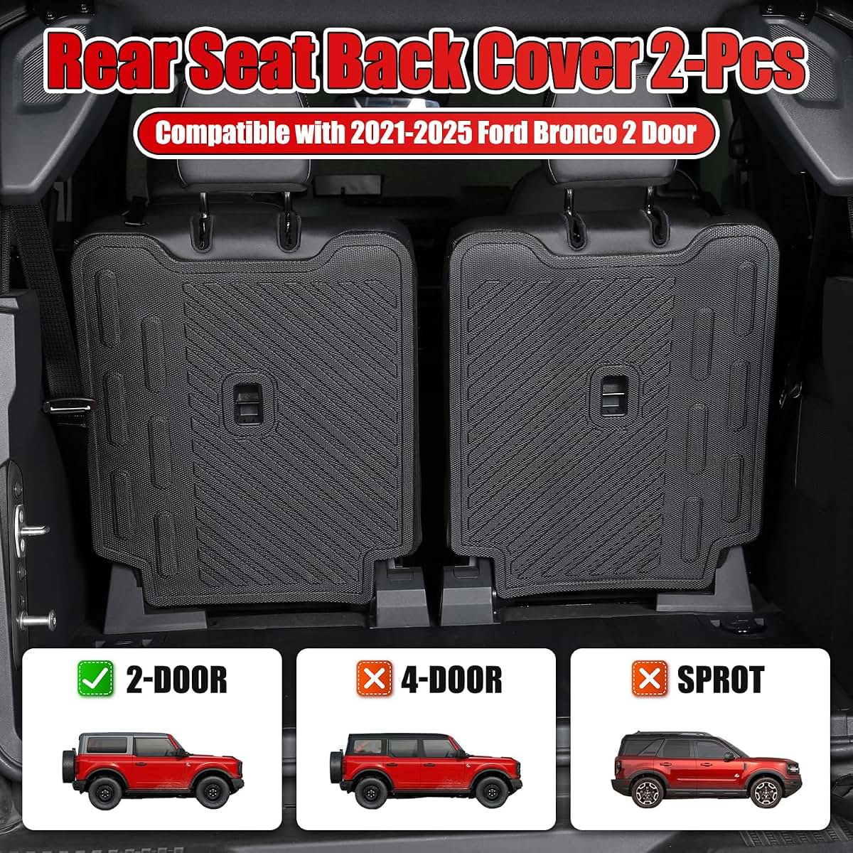 EVGoXMods Rear Seat Backrest Mat for Ford Bronco 2-Door 2021-2026, TPE, Hook-and-Loop Fit, Washable