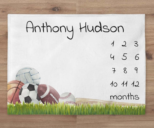 UnoCo Sports Baby Blanket, Custom Baseball, Football, Socer, Basketball Baby Boy Month Blanket, Newborn Gift