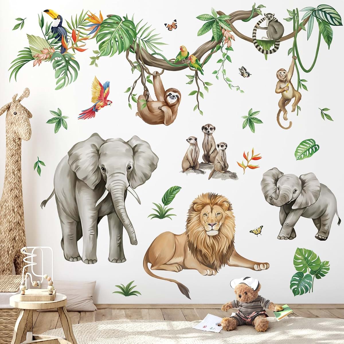 wondever Jungle Animals Wall Decals Safari Elephant Wall Stickers (XL)