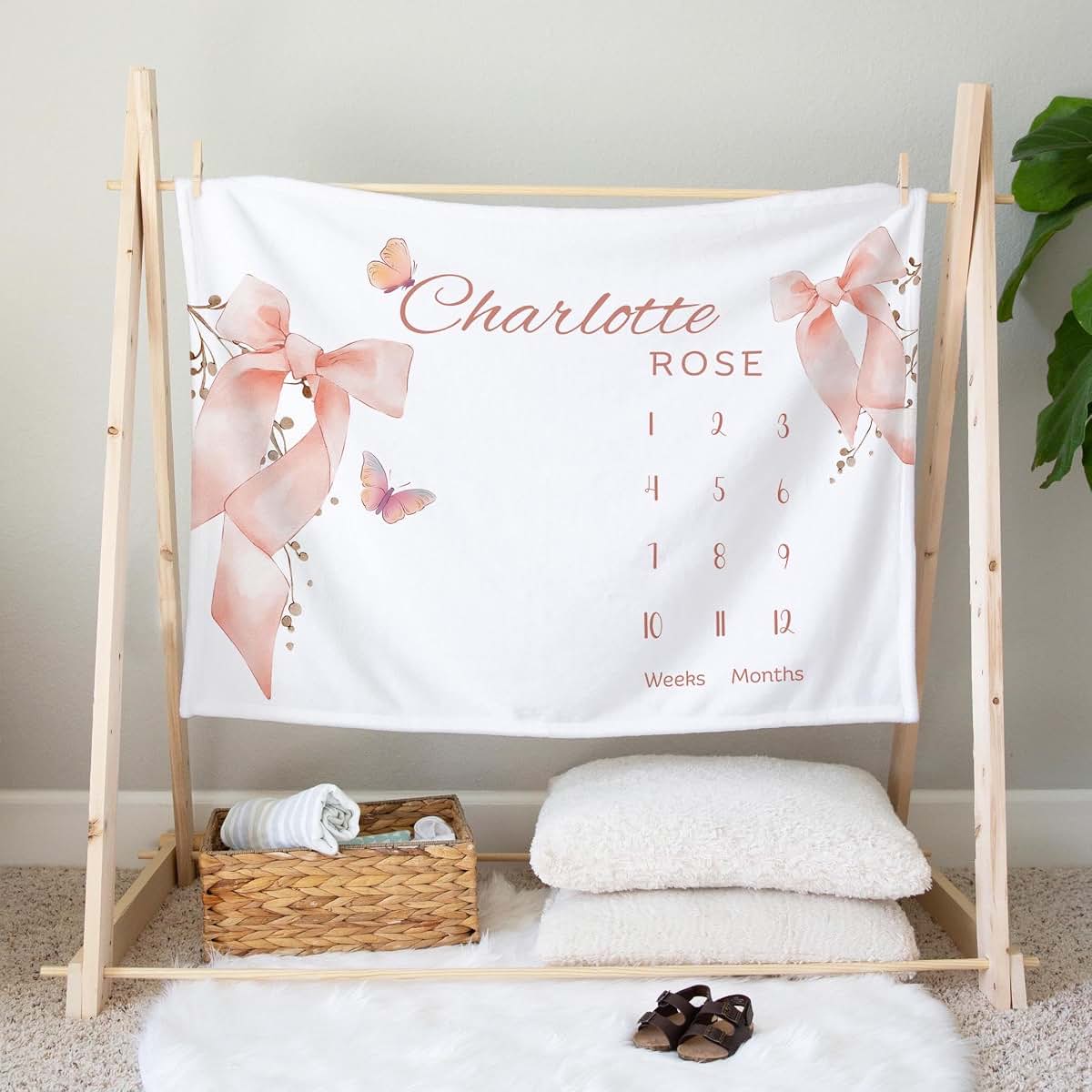 Large Pink Bow Personalized Milestone Blanket