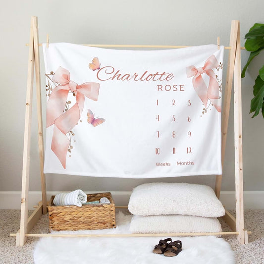 Large Pink Bow Personalized Milestone Blanket