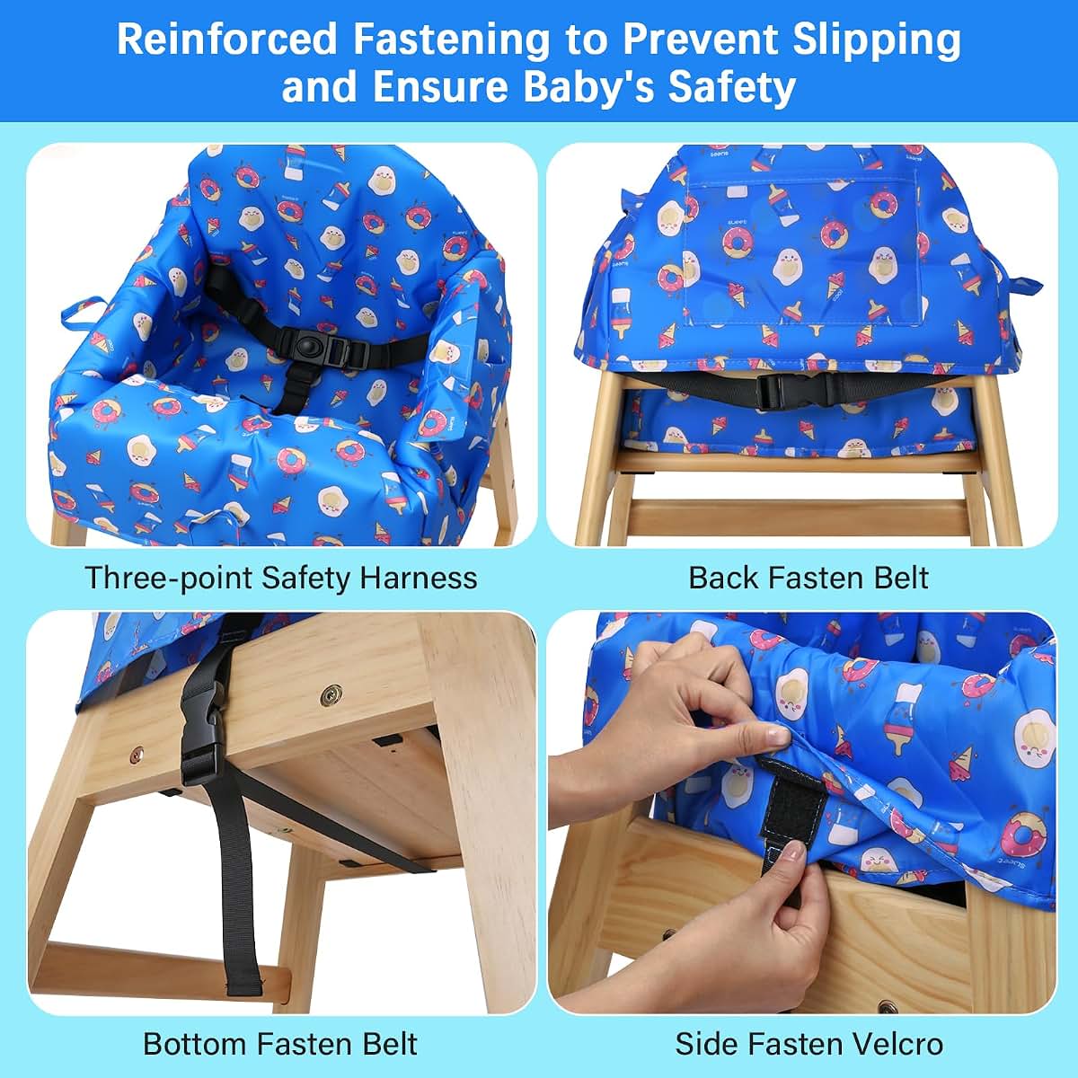 HOOMTREE Baby High Chair Cover with 3-Point Harness, Waterproof & Machine Washable, Blue