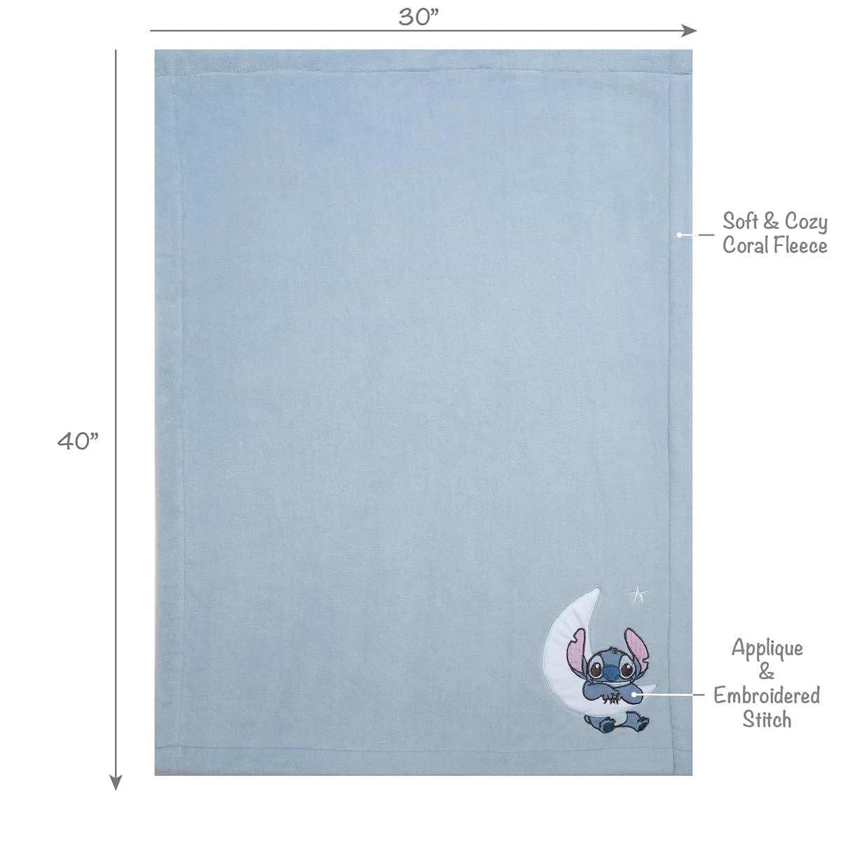 Disney Stitch Blue Fleece Appliqued Baby Blanket