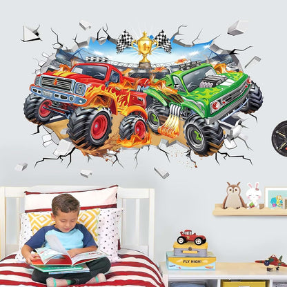 wondever 3D Racing Car Wall Decals Truck Break Through Wall Stickers