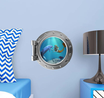 Stickit Graphix 12" Porthole 3D Window Wall Sticker Mermaid Dolphin Silver Sea Ocean Kids Room Decor Removable Vinyl